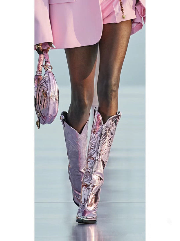 WW | Frauen Hochhackige Metall Spitz Zehen Schleife Bestickte Stiefel