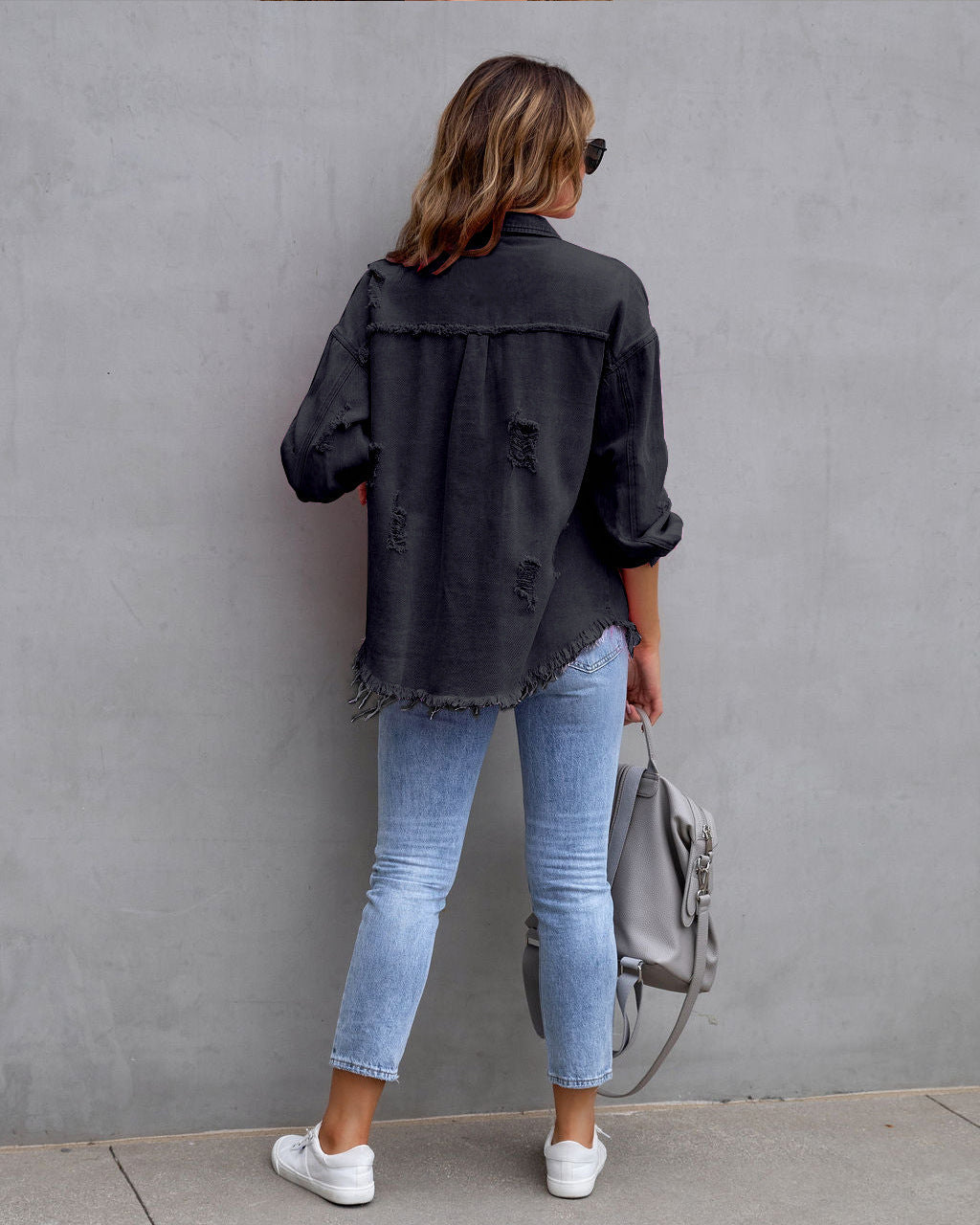 W&W Mode | Denim Bluse - Damen Jeansjacke mit fransigen Details und Knopfverschluss