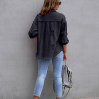 WW | Denim Bluse - Damen Jeansjacke mit fransigen Details und Knopfverschluss