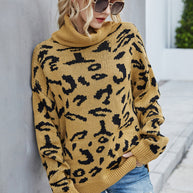 WW Lockere Leopardenmuster Umlegekragen Pullover