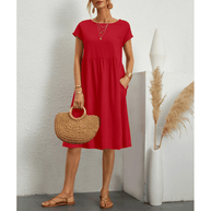 WW | Damen Baumwoll Leinen Midi Kleid