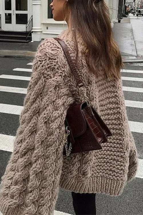 Damen Oversize-Pullover mit Rundhalsausschnitt und Zopfmuster