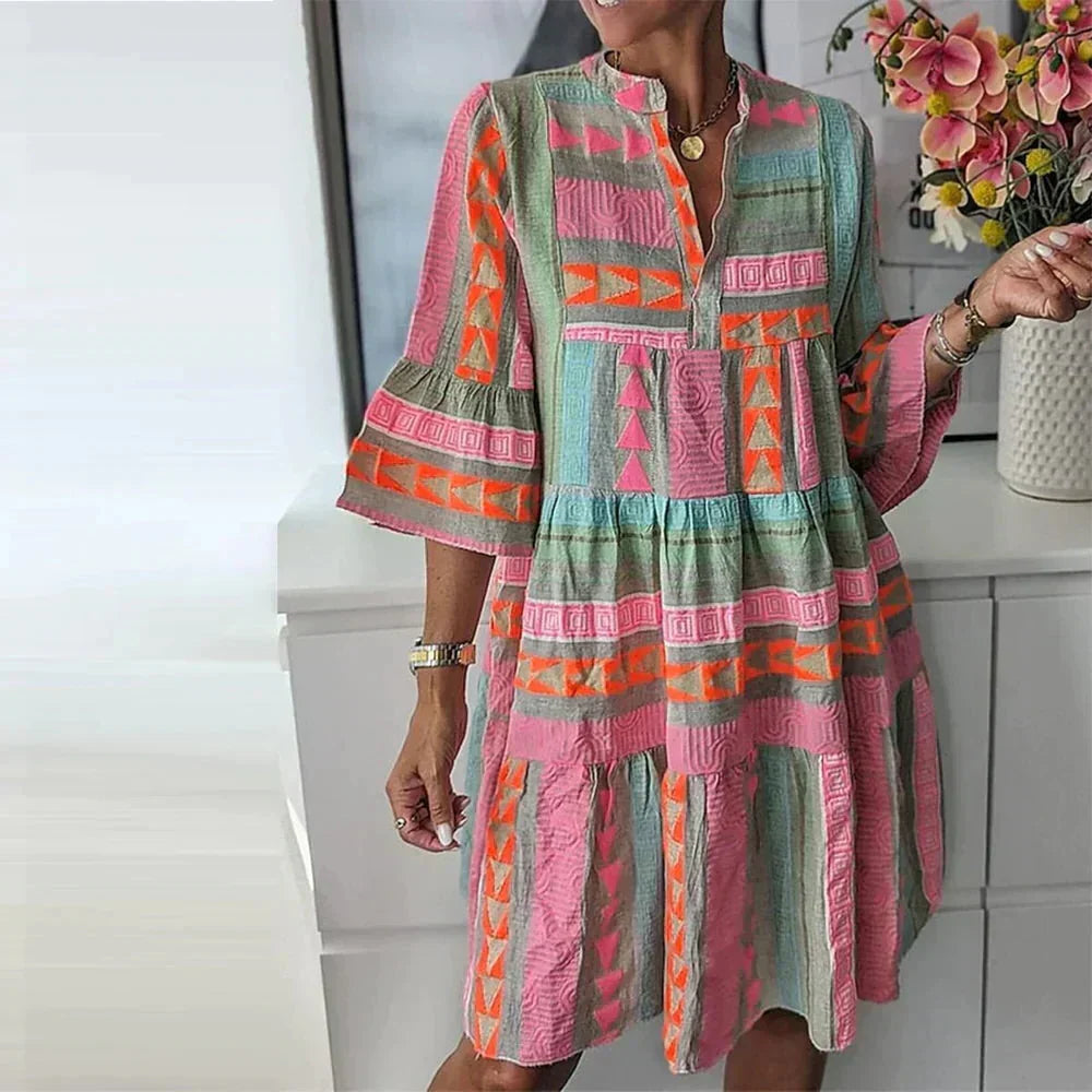 W&W Mode | Boho Chic Bedrucktes Midi Kleid Für Damen