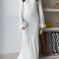WW | Rosiedress Glockenärmel Rücken Schnürung Rüsche Trim Maxi Kleid