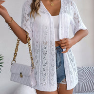 WW | Kurzärmlige elegante weiße Spitzenstrickjacke