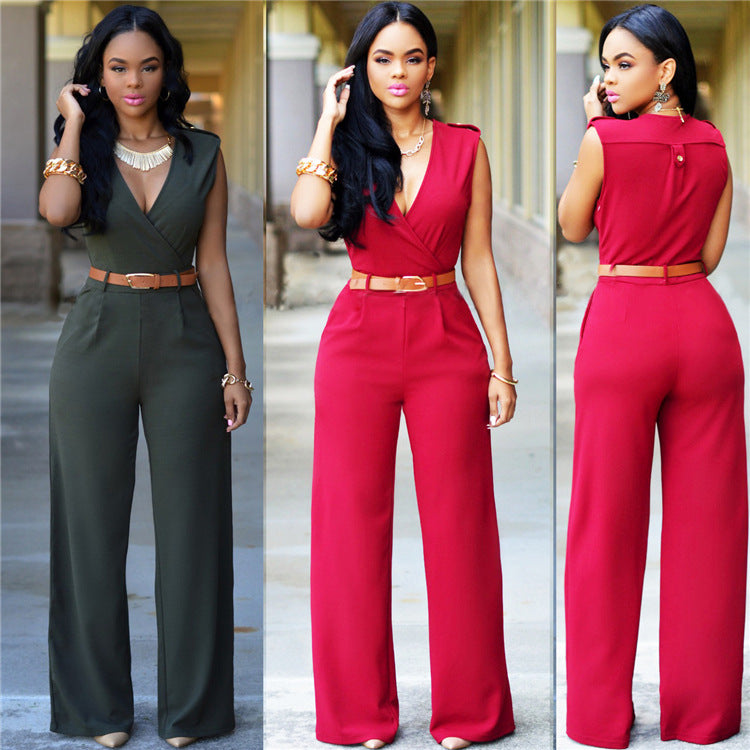 Damen Stilvoller Jumpsuit mit Taillengürtel und weitem Bein WW