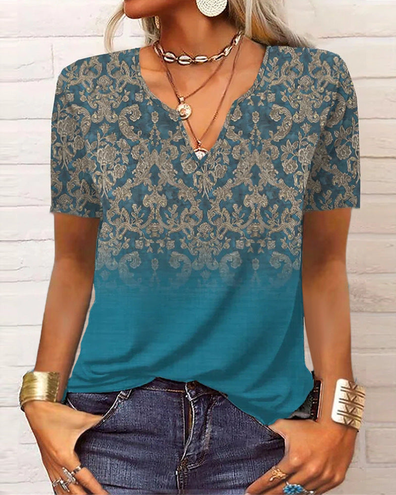 WW | Lockeres Langarm Blumen V-ausschnitt T-shirt Für Damen