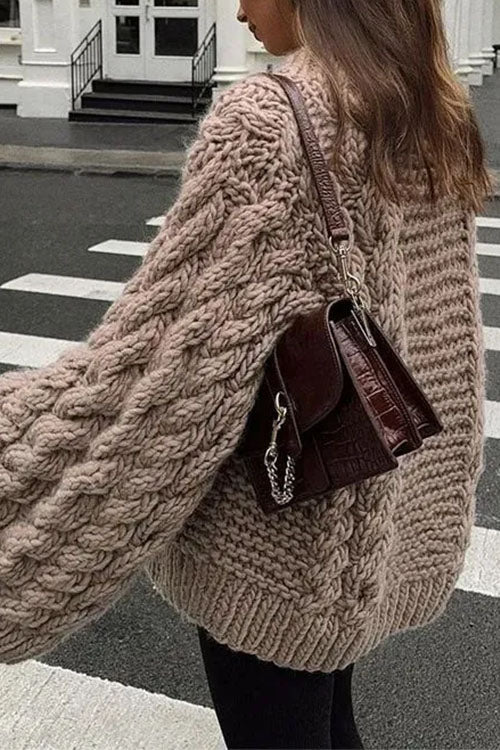 Damen Oversize-Pullover mit Rundhalsausschnitt und Zopfmuster