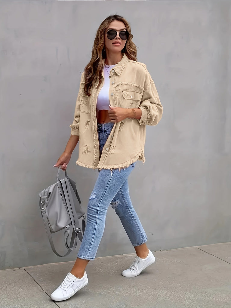 WW | Plus Size Denim Jacke Mit Zerrissenen Rohen Saum