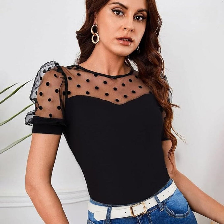 WW | Bluse mit Tupfen-Mesh und Puffärmeln