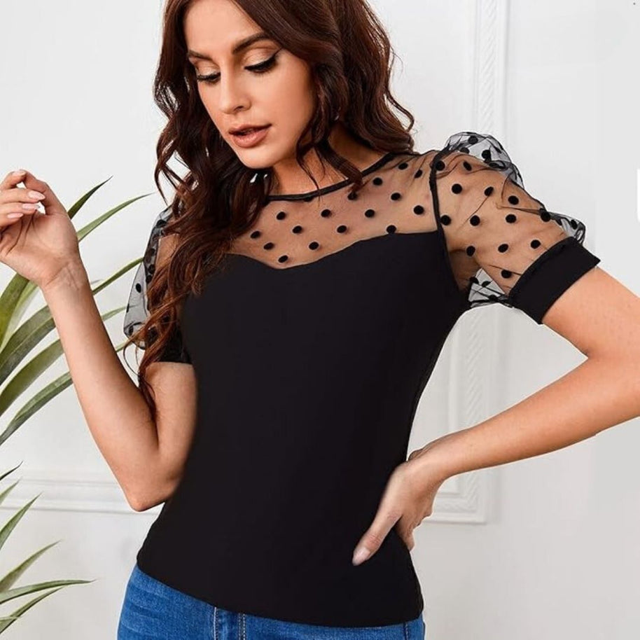 WW | Bluse mit Tupfen-Mesh und Puffärmeln