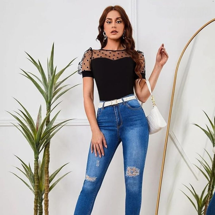 WW | Bluse mit Tupfen-Mesh und Puffärmeln