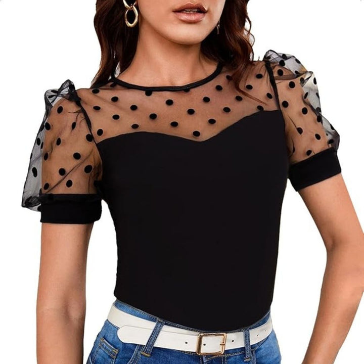 W&W Mode | Bluse mit Tupfen-Mesh und Puffärmeln