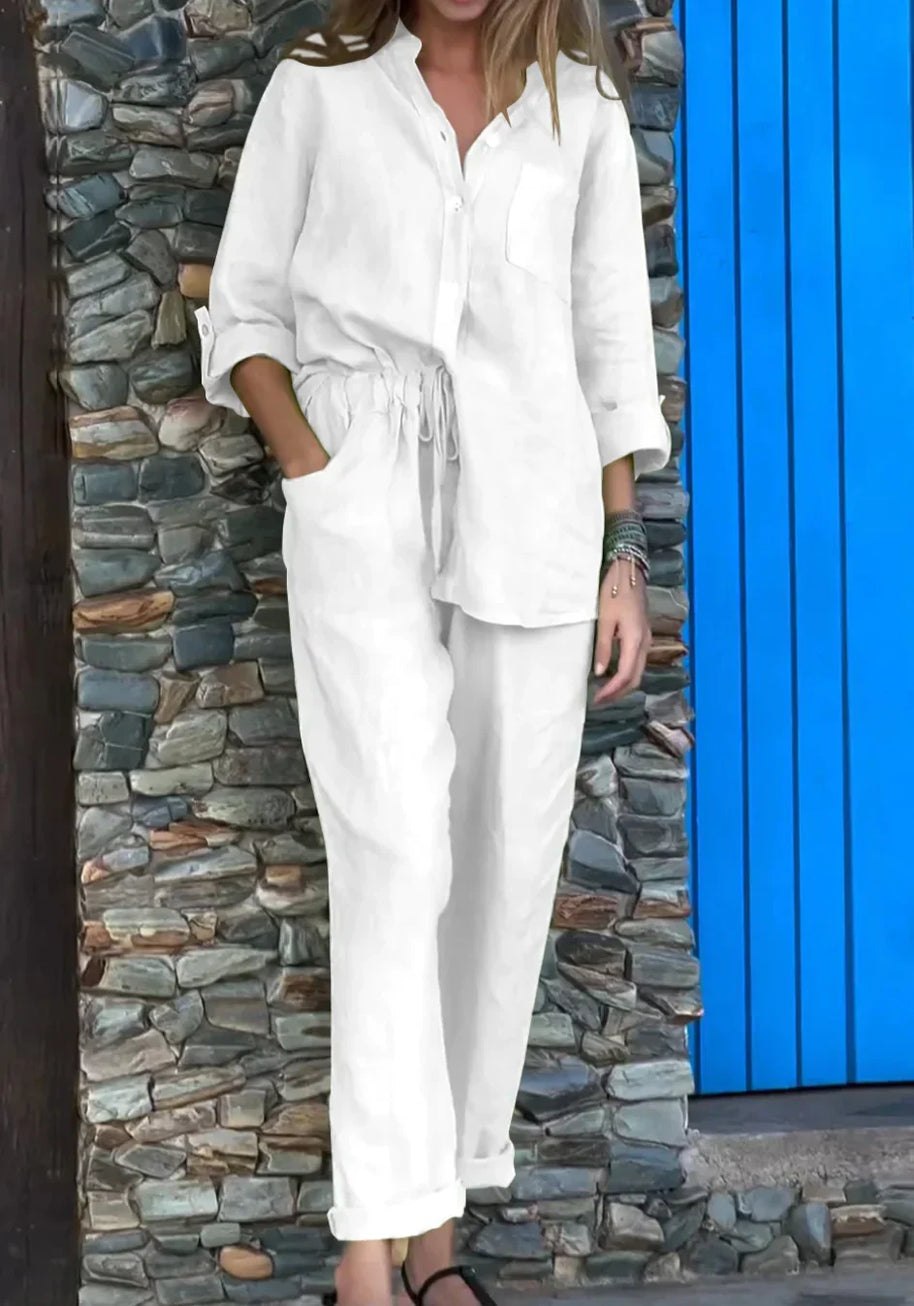 WW | Lässiges V-Ausschnitt Shirt & Hosen Baumwoll-Leinen Set