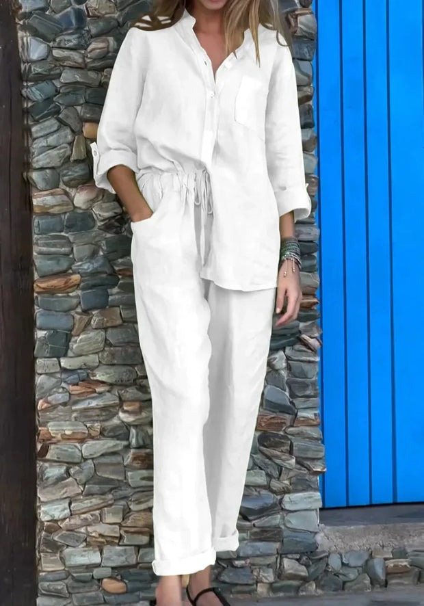 WW | Lässiges V-Ausschnitt Shirt & Hosen Baumwoll-Leinen Set