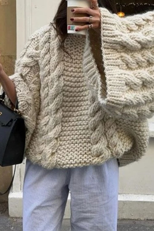 Damen Oversize-Pullover mit Rundhalsausschnitt und Zopfmuster