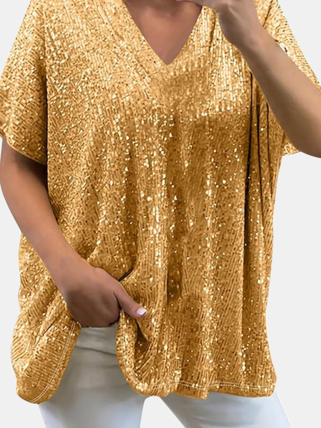 W&W Mode | Paillettenoberteil mit V-Ausschnitt und kurzen Ärmeln für Damen