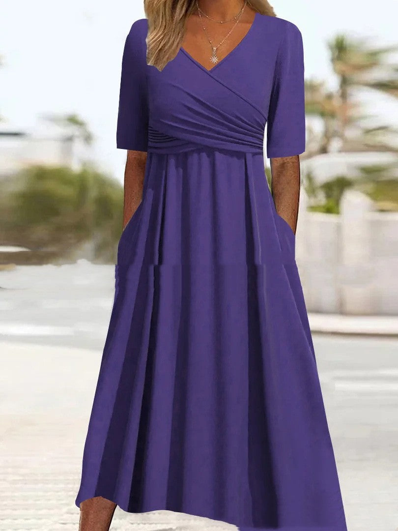 W&W Mode | Blaues, Schlichtes Midikleid Mit V-ausschnitt