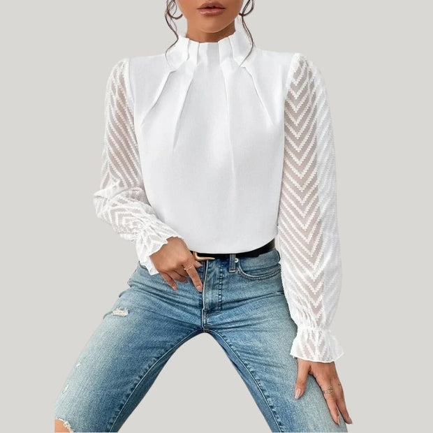 WW | Bluse mit Hohem Kragen und Transparenten Puffärmeln