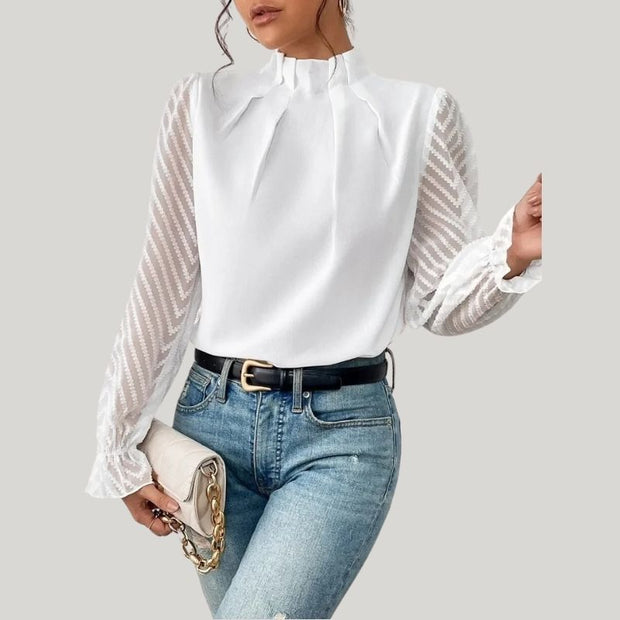 WW | Bluse mit Hohem Kragen und Transparenten Puffärmeln