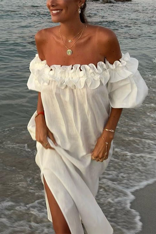 WW | Rosiedress Off Shoulder Rüsche Trim Schlitz Baumwolle Leinen Maxi Urlaub Kleid