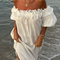 WW | Rosiedress Off Shoulder Rüsche Trim Schlitz Baumwolle Leinen Maxi Urlaub Kleid
