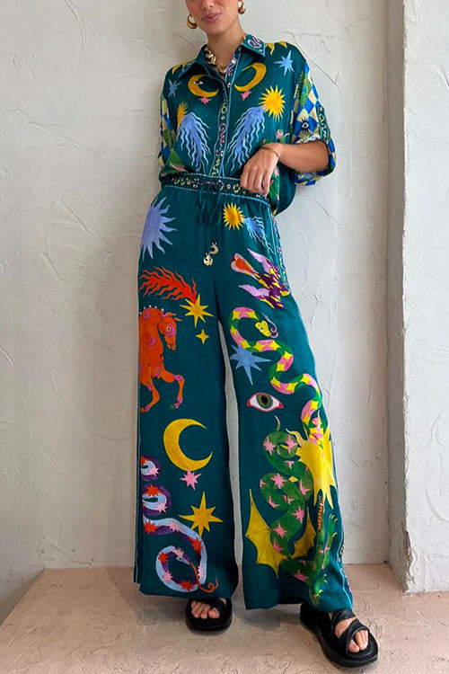 WW | Rosiedress Cartoon Bedruckte Rollkragen Bluse Hemd Weite Beinform Hose Urlaub Set