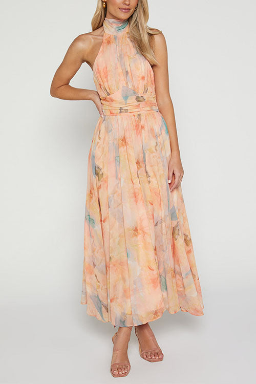 WW | Halter Bow Neck Backless Beck Print Swing Maxi Kleid
