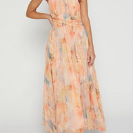 WW | Halter Bow Neck Backless Beck Print Swing Maxi Kleid