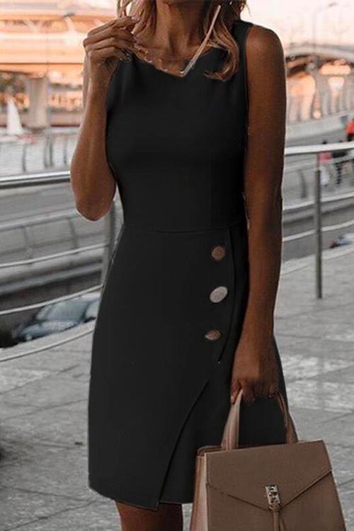 W&W Mode | Rosiedress Rundhals Knöpfe Ärmellos Büro Kleid