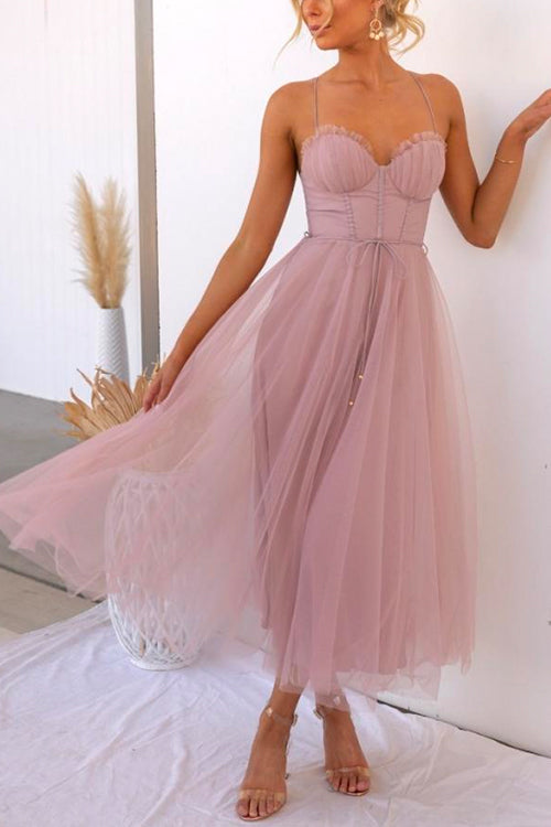 WW | Rosiedress Rückenausschnitt Bindegürtel Mesh Swing Maxi Spaghettiträger Kleid