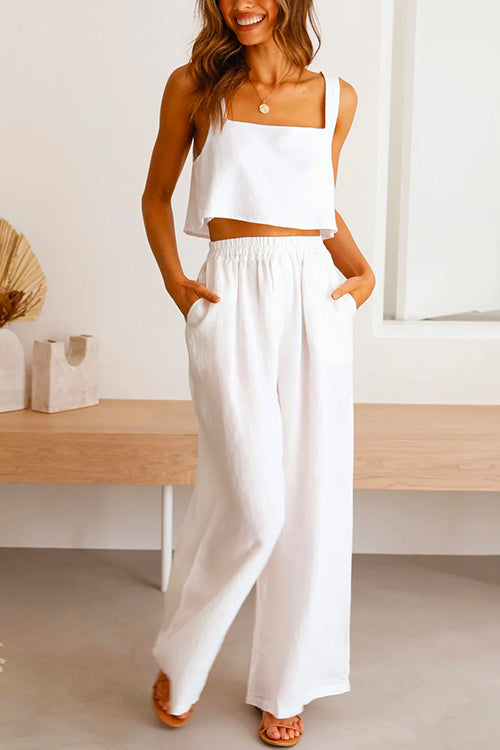 WW | Rosiedress Quadratischer Kragen Cami Crop Top Weite Bein Hose Baumwolle Leinen Set