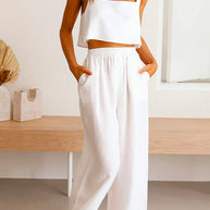WW | Rosiedress Quadratischer Kragen Cami Crop Top Weite Bein Hose Baumwolle Leinen Set