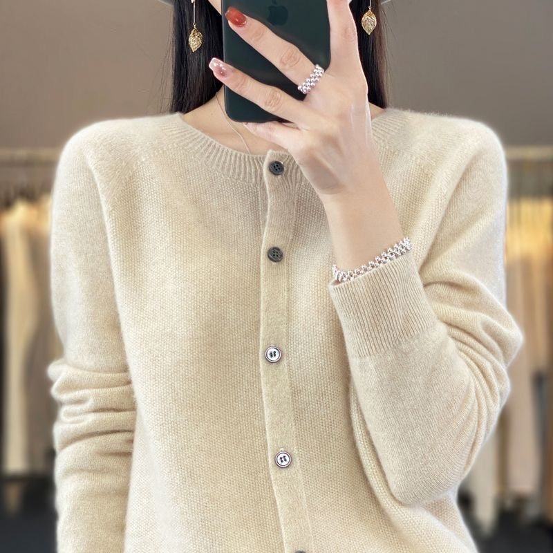 WW | Merino Woll Strickjacke Mit Rundhalsausschnitt Und Langen Ärmeln