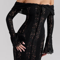 WW | Blumen Spitze Off Shoulder Flare Ärmel Fishtail Maxi Kleider - Weiß