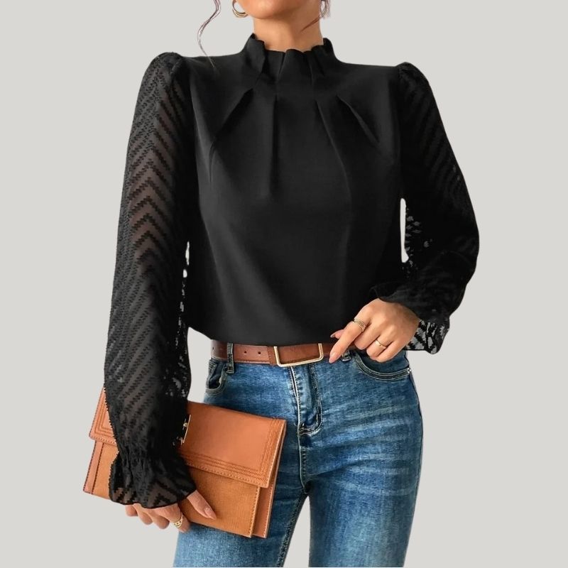 WW | Bluse mit Hohem Kragen und Transparenten Puffärmeln
