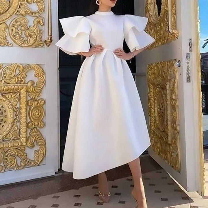 Damen Midikleid mit Stehkragen, hoher Taille und Trompetenärmeln