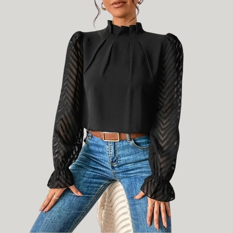 WW | Bluse mit Hohem Kragen und Transparenten Puffärmeln