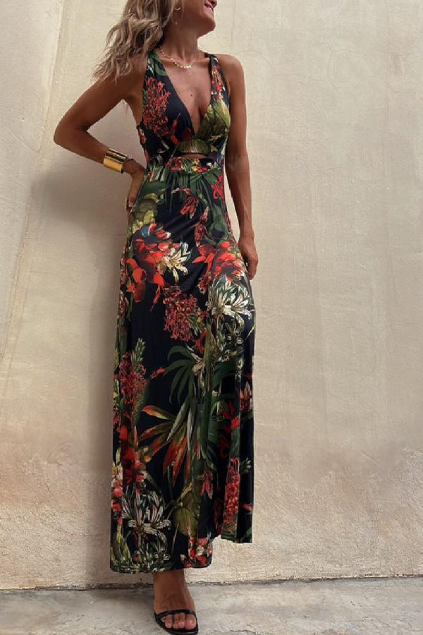 WW | Rainforest Paradise Tropical Print Cutout Back Crossover Stretch Maxi Kleid