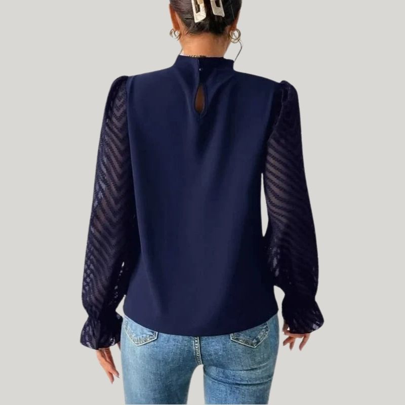 WW | Bluse mit Hohem Kragen und Transparenten Puffärmeln