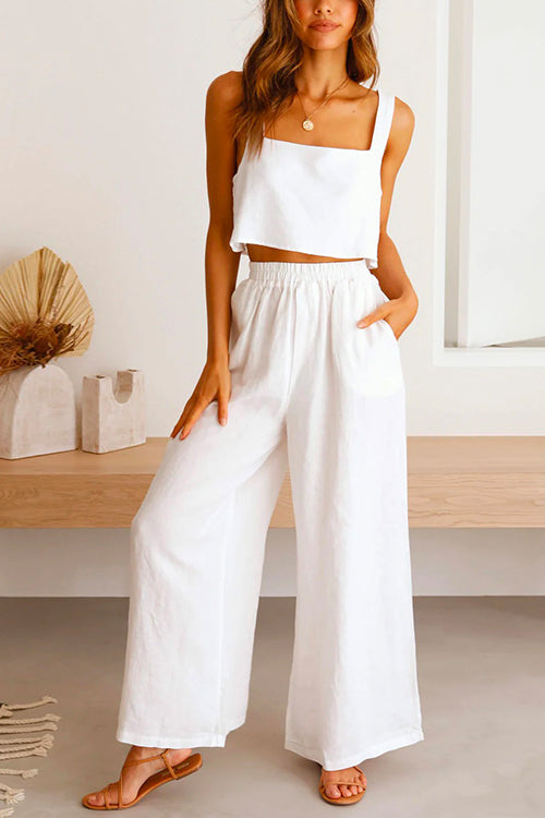 WW | Rosiedress Quadratischer Kragen Cami Crop Top Weite Bein Hose Baumwolle Leinen Set