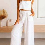WW | Rosiedress Quadratischer Kragen Cami Crop Top Weite Bein Hose Baumwolle Leinen Set