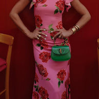 WW | Rüsch-Ärmeln Rosenmuster Maxi Cheongsam Kleid