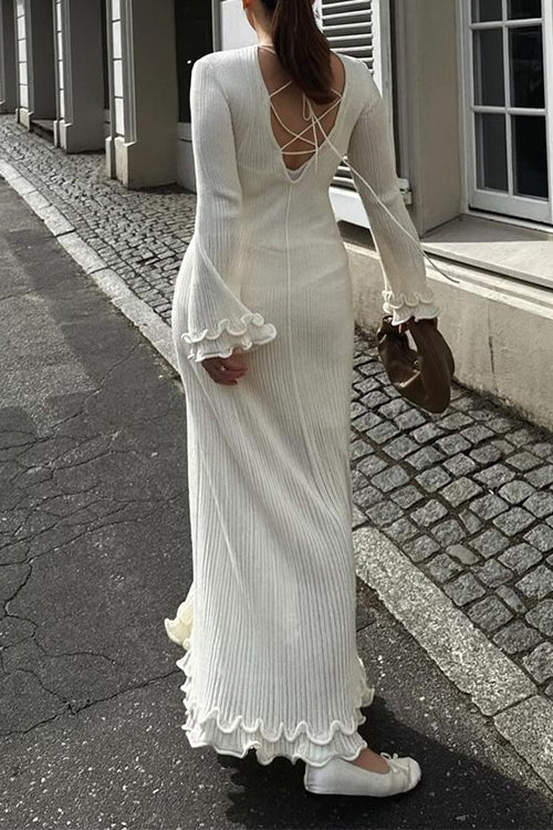 WW | Rosiedress Glockenärmel Rücken Schnürung Rüsche Trim Maxi Kleid