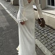 WW | Rosiedress Glockenärmel Rücken Schnürung Rüsche Trim Maxi Kleid
