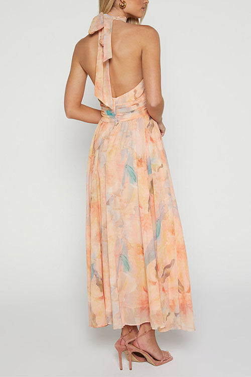 WW | Halter Bow Neck Backless Beck Print Swing Maxi Kleid