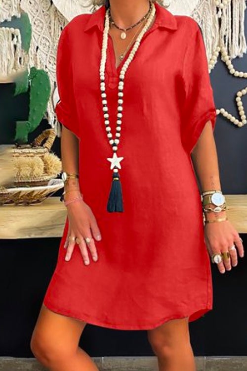 WW | Rosiedress Revers V-Ausschnitt Roll-Up-Ärmel Hemdkleid