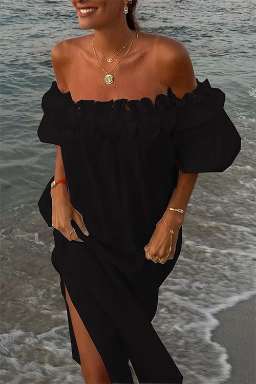 WW | Rosiedress Off Shoulder Rüsche Trim Schlitz Baumwolle Leinen Maxi Urlaub Kleid