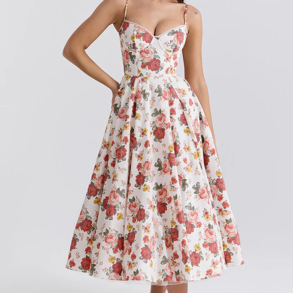 W&W Mode | Feminines Blumen Midikleid Mit Korsett Oberteil