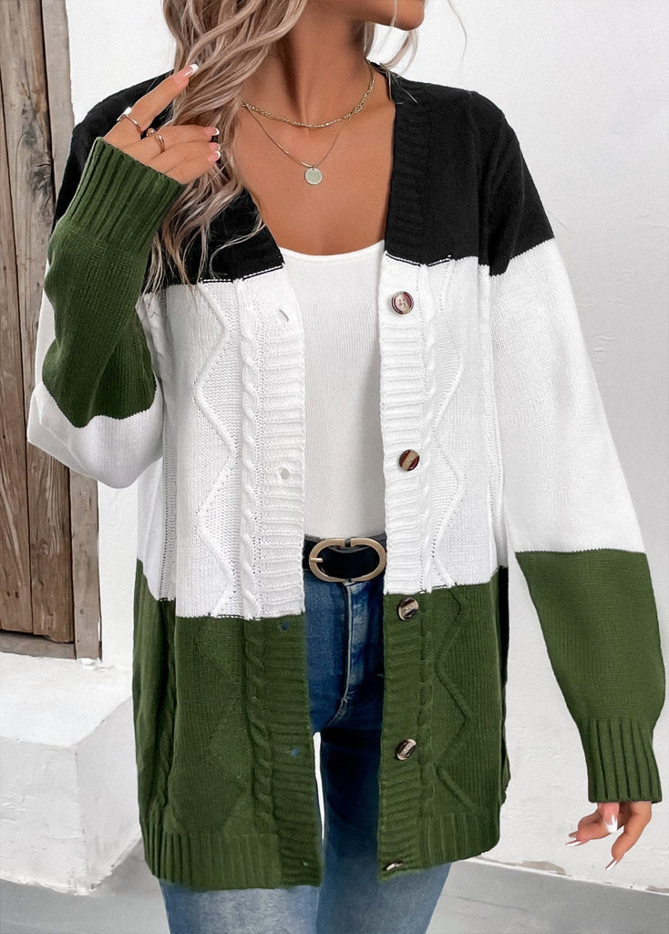 WW | Grüne Strickjacke Mit Knöpfen Und Patchwork Design Für Frauen